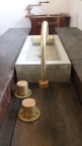 Concrete vanity sink with offset brass taps