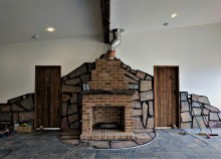 Fireplace grande, crazy paving feature wall and hearth grouted